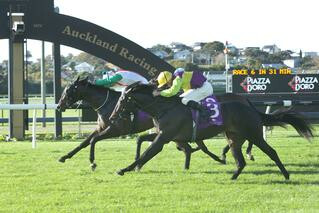 Rhegar claims the Auckland Futurity Stakes at Ellerslie on Saturday. Photo Cred: Trish Dunell. 